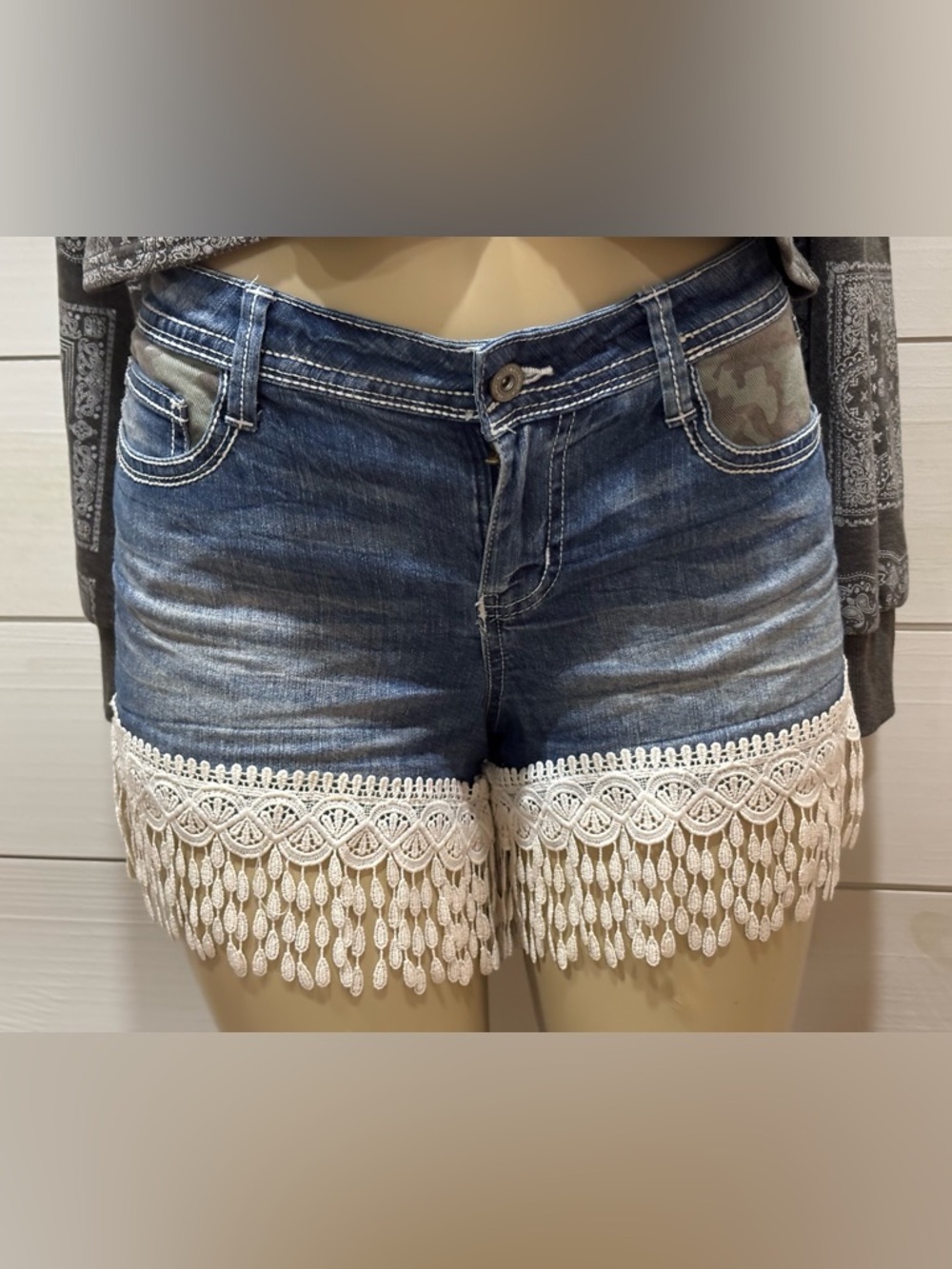 lei Blue Denim Shorts with Cream Lace Fringe